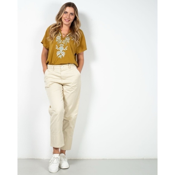 J.Jill | Floral Embroidered Flowy Yellow Gold Ruffle Collar Tee Medium Boho - Picture 3 of 10